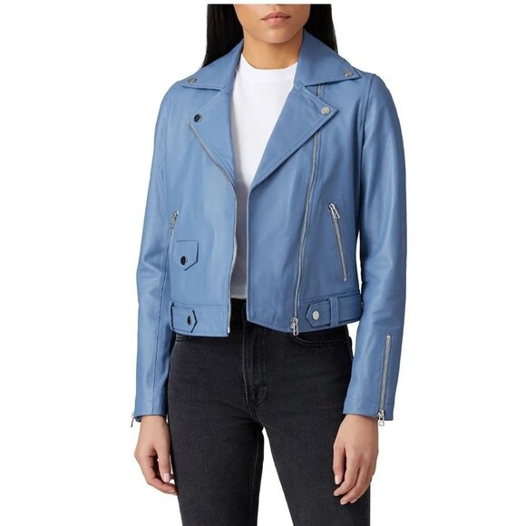 Slate & Willow Blue Classic Leather Zip Front Moto Jacket Women's Size Small S - Picture 1 of 11